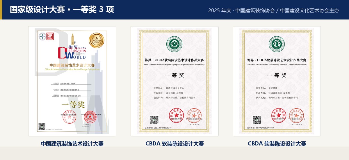 国家级设计大赛一等奖 3 项 · 中国建筑装饰艺术设计大赛 / CBDA 软装陈设设计大赛 · 江西三维文化